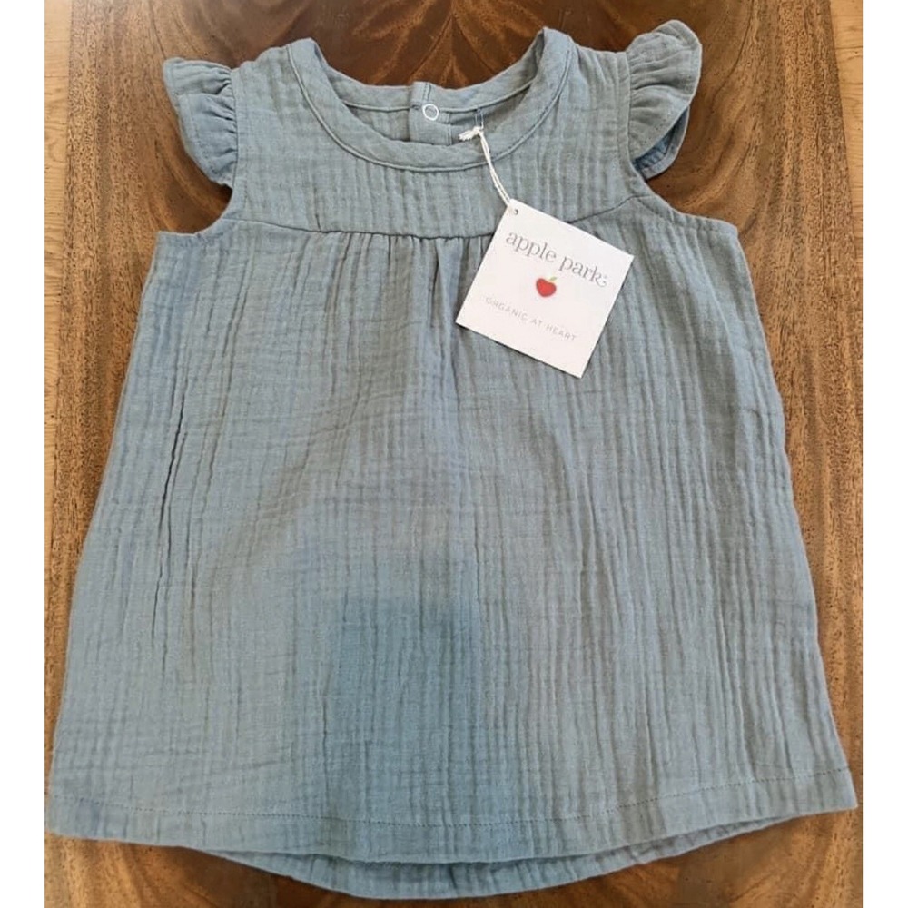 3-6m Apple Park 100% Organic Cotton Muslin Sage Green Color Dress‎